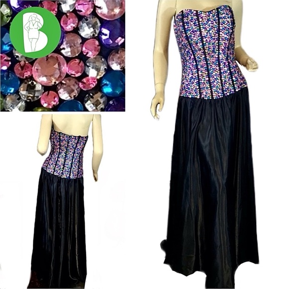TIFFANY DESIGNS MULTI-COLOR BEADED STRAPLESS DRESS WITH BLACK SATIN SKIRT (8) - Picture 1 of 13